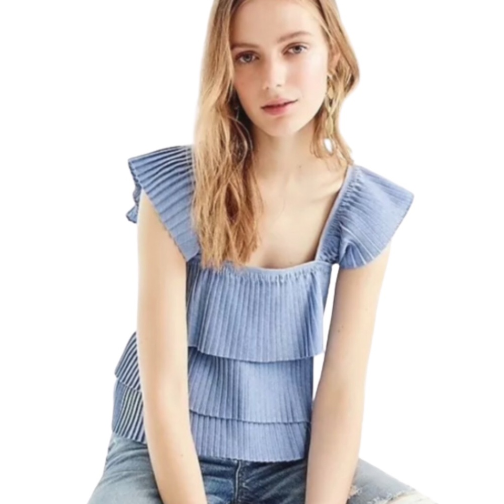 J.Crew Blue Pleated Ruffle Tiered Sleeveless Top Sz M Feminine Coquette Romantic